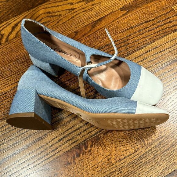 Anthropologie Vicenza Blue White Textile Buckled Strappy Mary Janes Chunky Heels - Picture 7 of 9